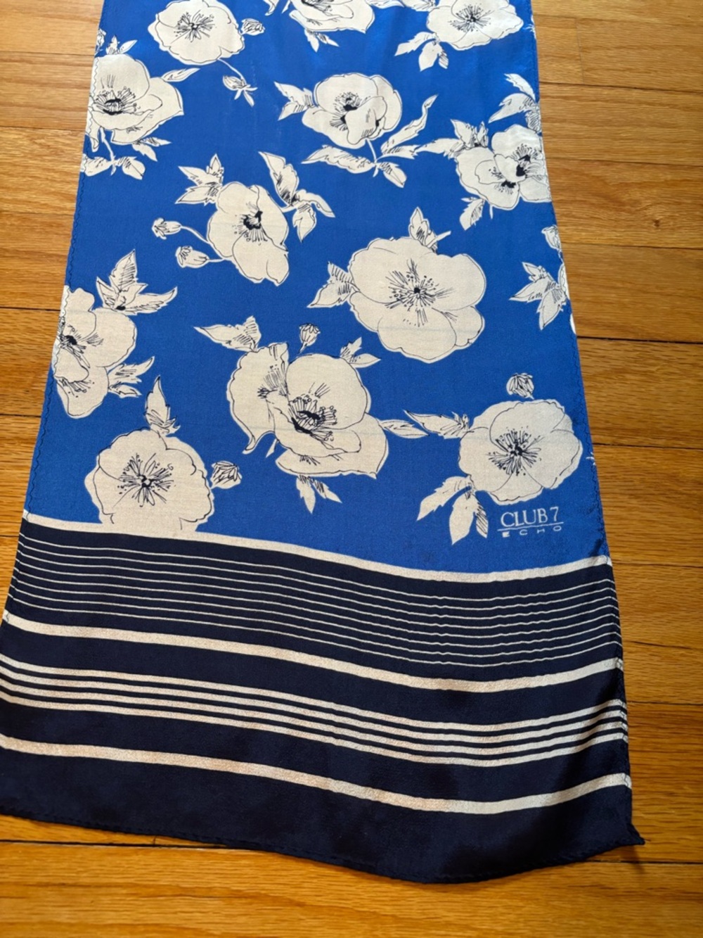Club 7 Echo Silk Blue Floral Scarf with White Blooms
